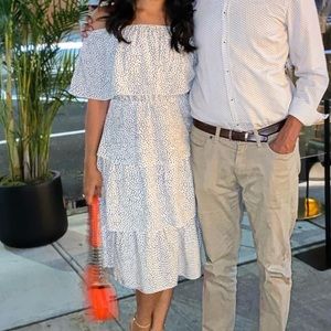 off the shoulder black & white polka dot dress